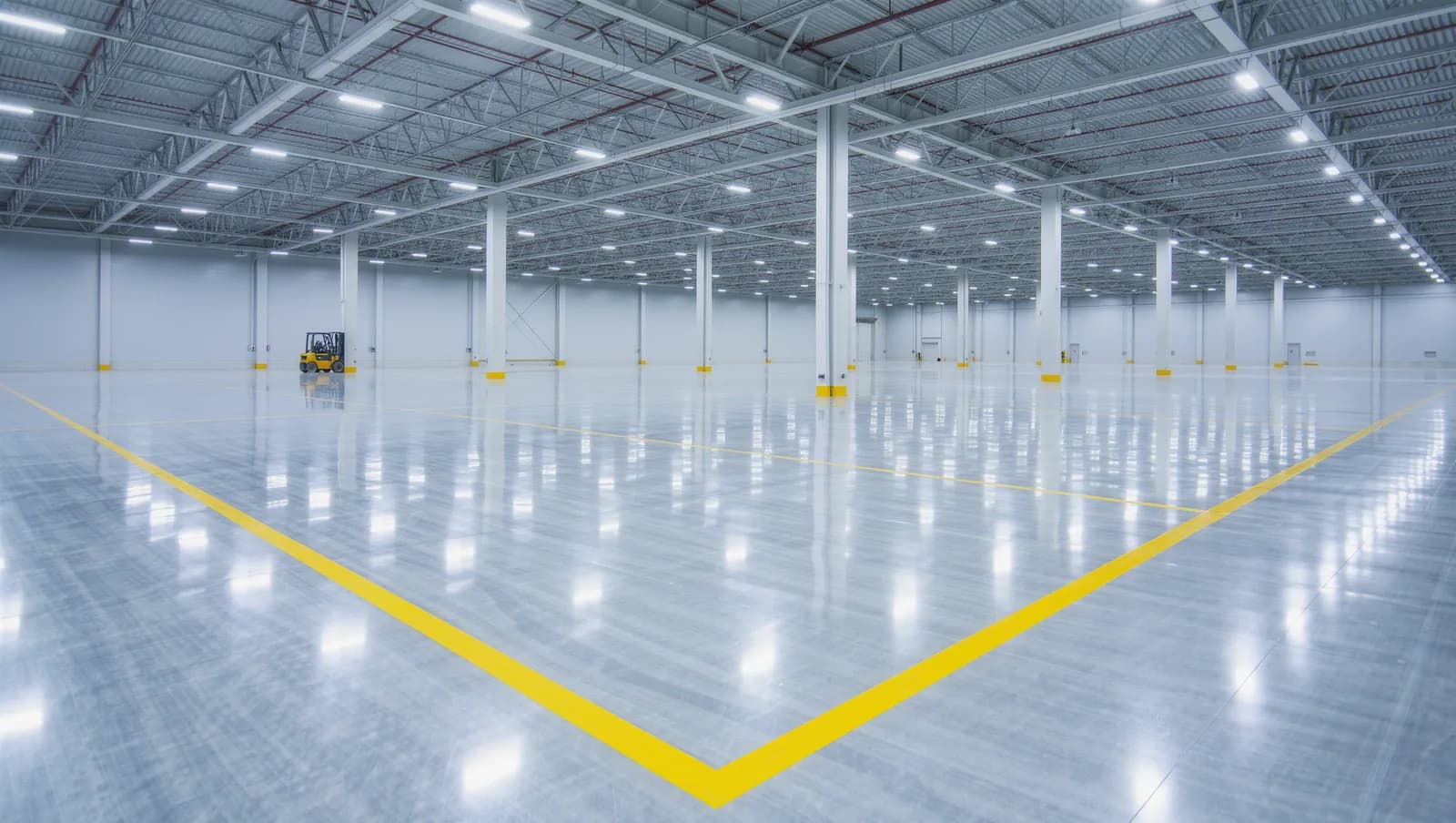 Industrial warehouse floor with a new glossy light gray epoxy coating and yellow safety line markings