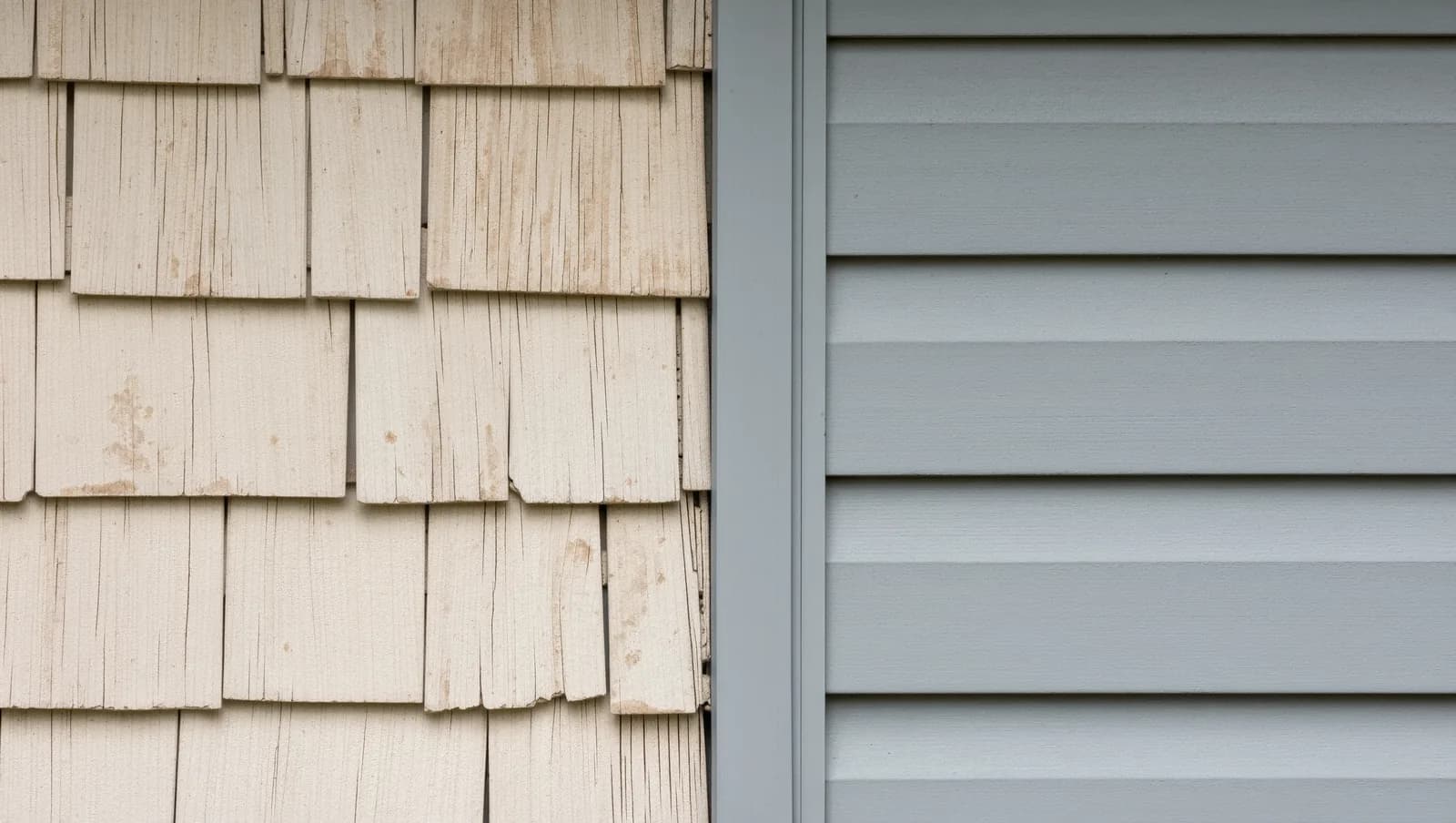 Old faded cracked beige vinyl siding next to brand new gray siding on the same house wall