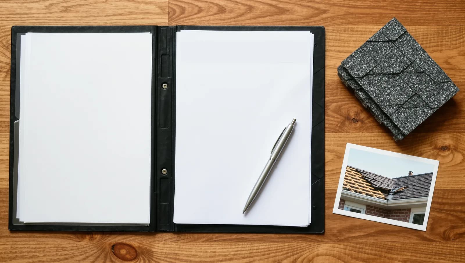 Homeowners insurance claim folder with a pen, a shingle sample, and a photo of a damaged roof on a kitchen table