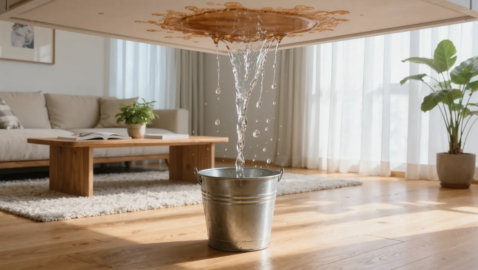 Water dripping from a brown water stain on a white ceiling into a bucket on a living room floor