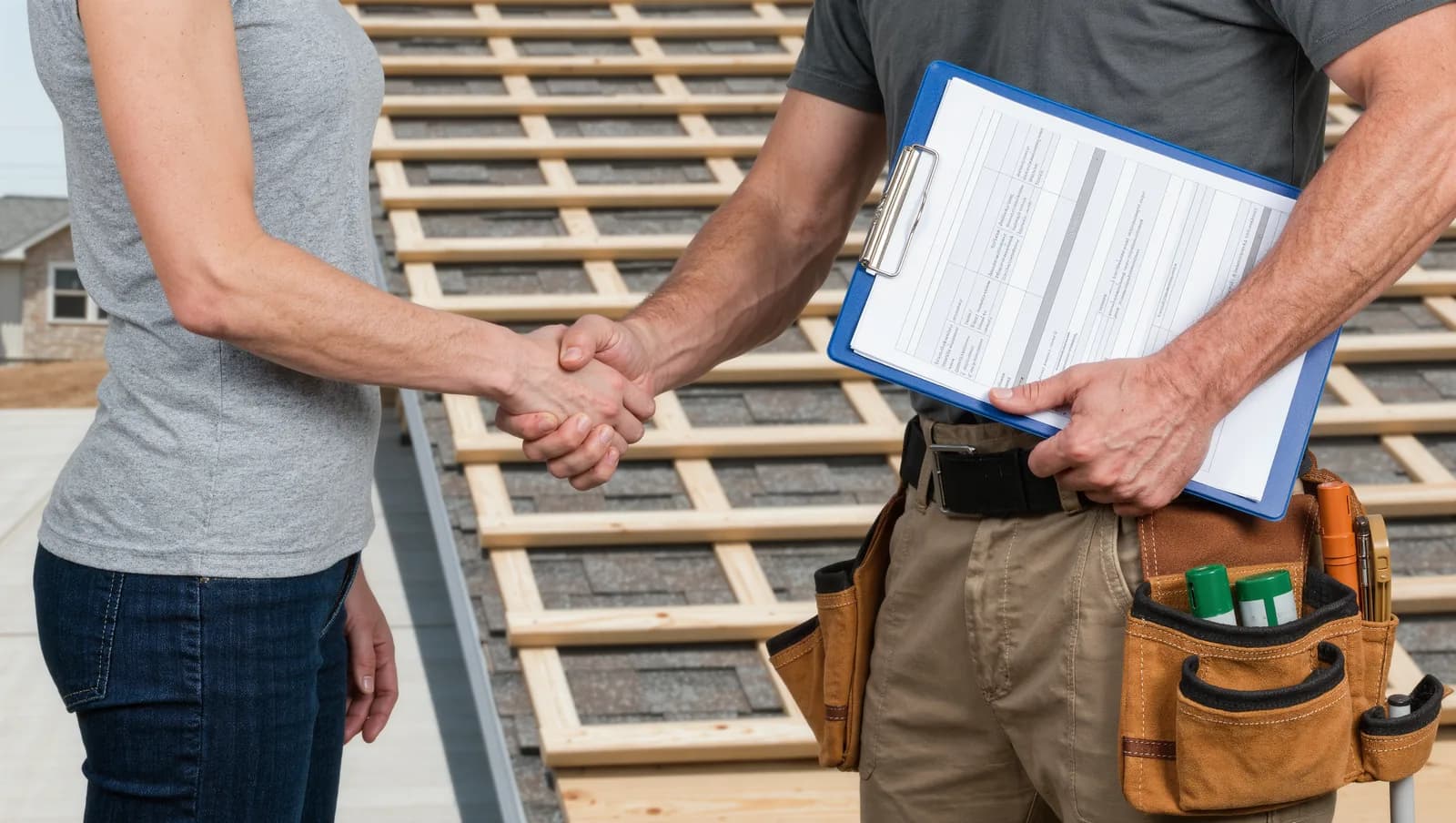 Roofing contractor and homeowner shaking hands over an estimate clipboard in front of a newly roofed home
