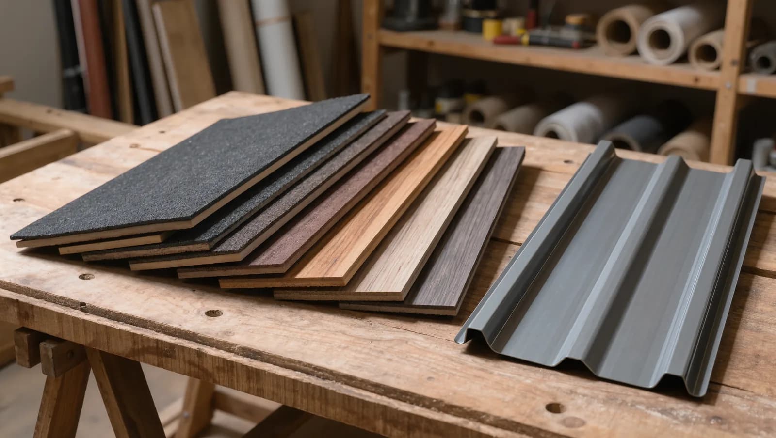 Asphalt shingle samples in charcoal, weathered wood, slate gray, and brown next to a metal roofing panel sample