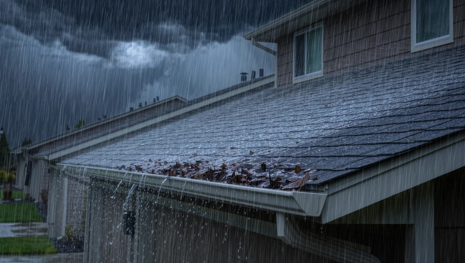 Heavy rain pouring off a residential shingle roof and overflowing a clogged gutter full of leaves under storm clouds