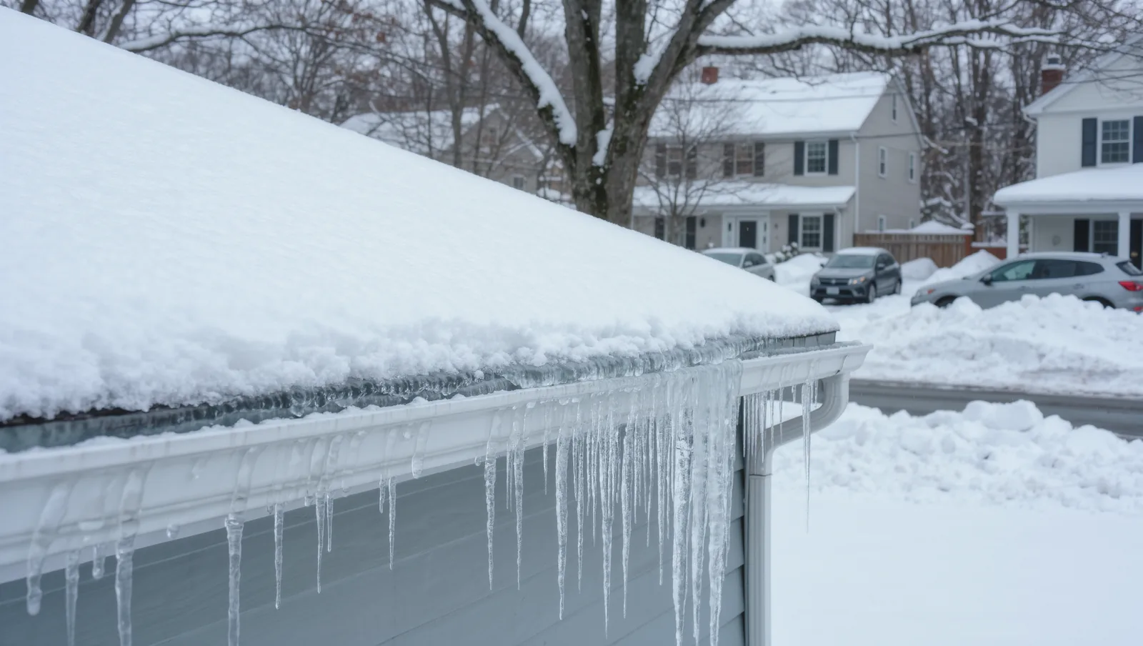 Snow-covered residential roof with icicles and an ice dam forming along the gutter edge in a Maryland winter