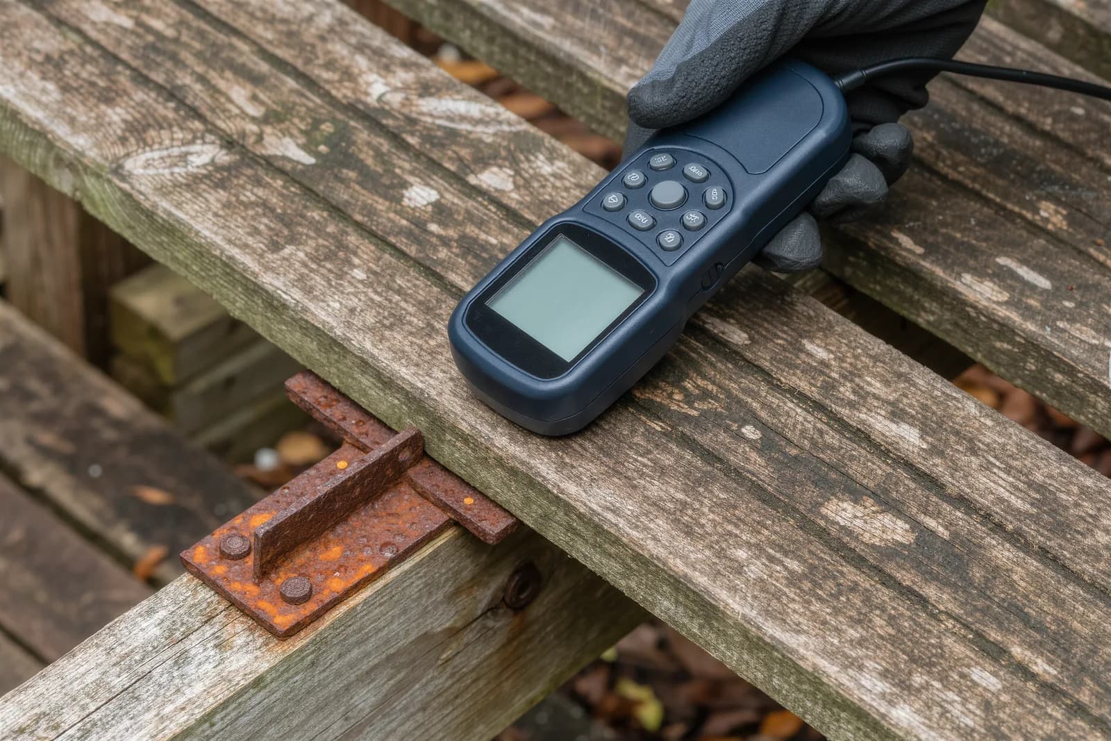 Inspector checking weathered wooden deck boards and a rusted joist hanger for rot with a moisture meter
