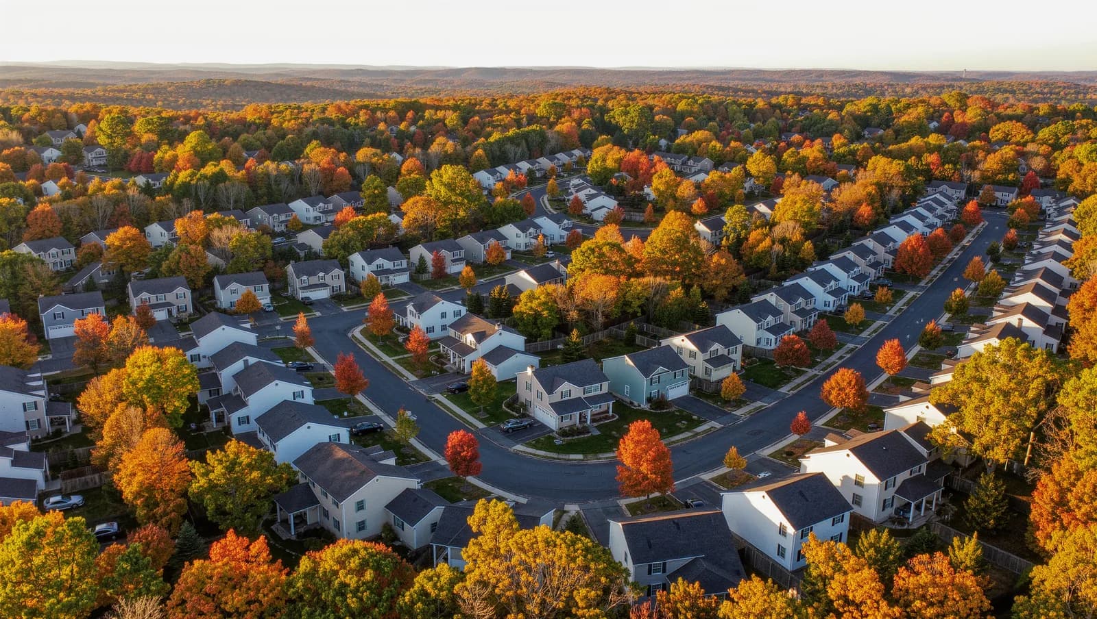 Aerial view of a leafy suburban neighborhood in Frederick County, Maryland with colonial homes and varied shingle roofs