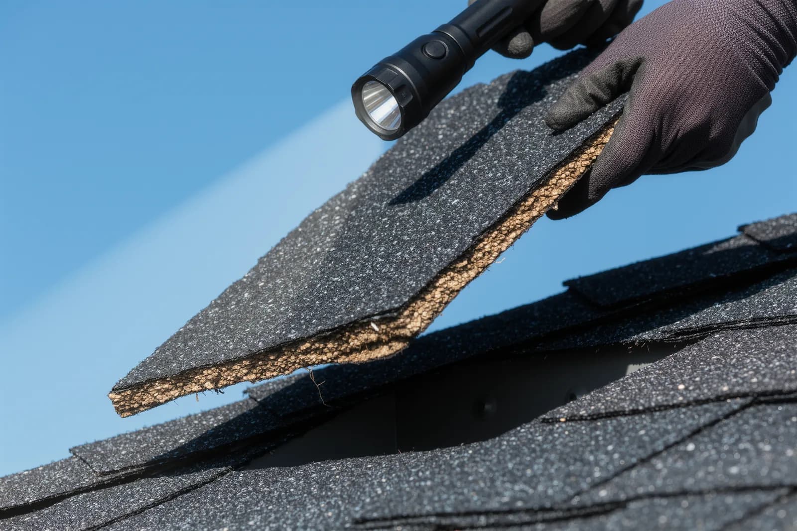 Close-up of a roof inspector lifting an asphalt shingle to check for granule loss and damage