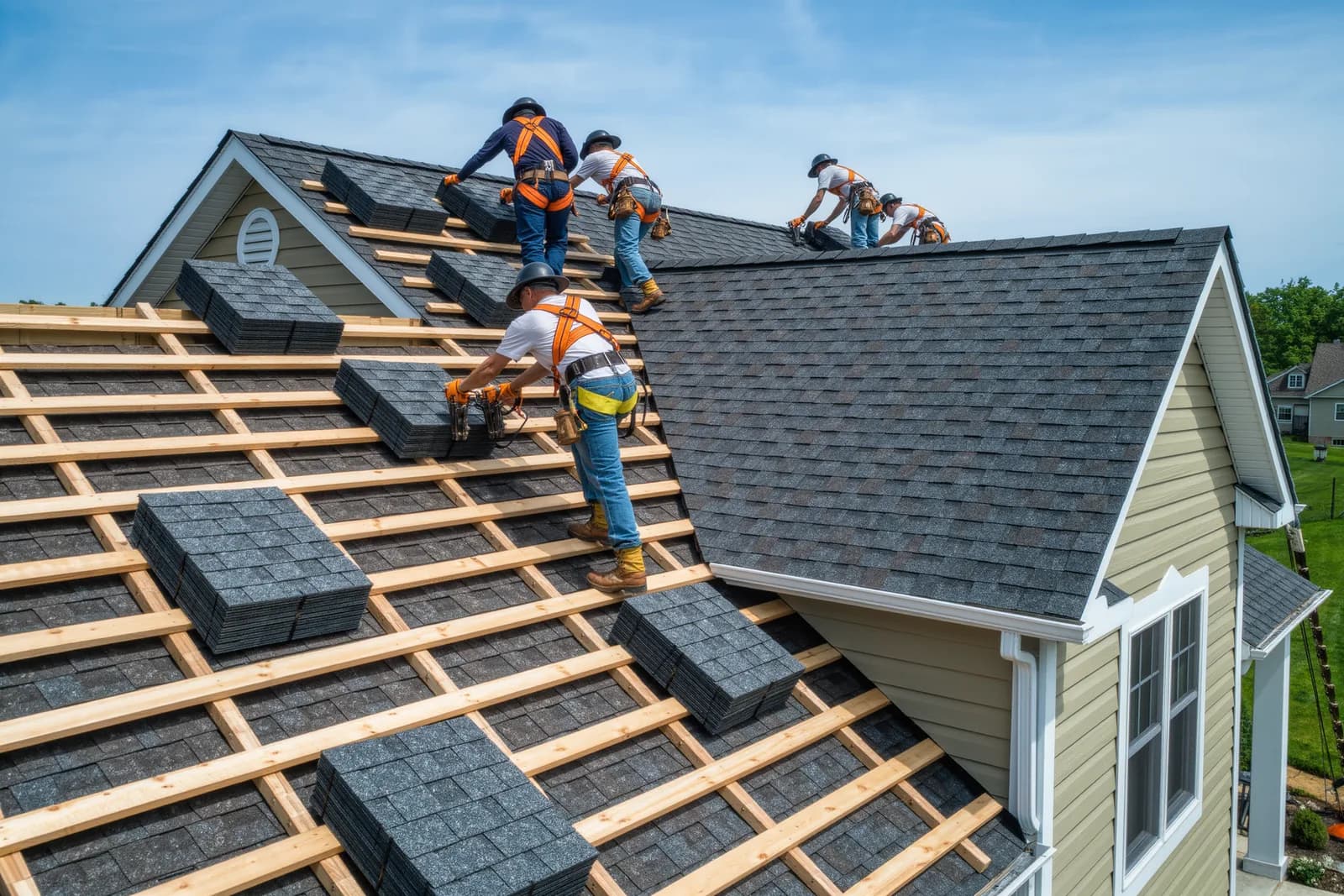 Roofing crew installing new architectural asphalt shingles on a residential roof in Frederick, Maryland