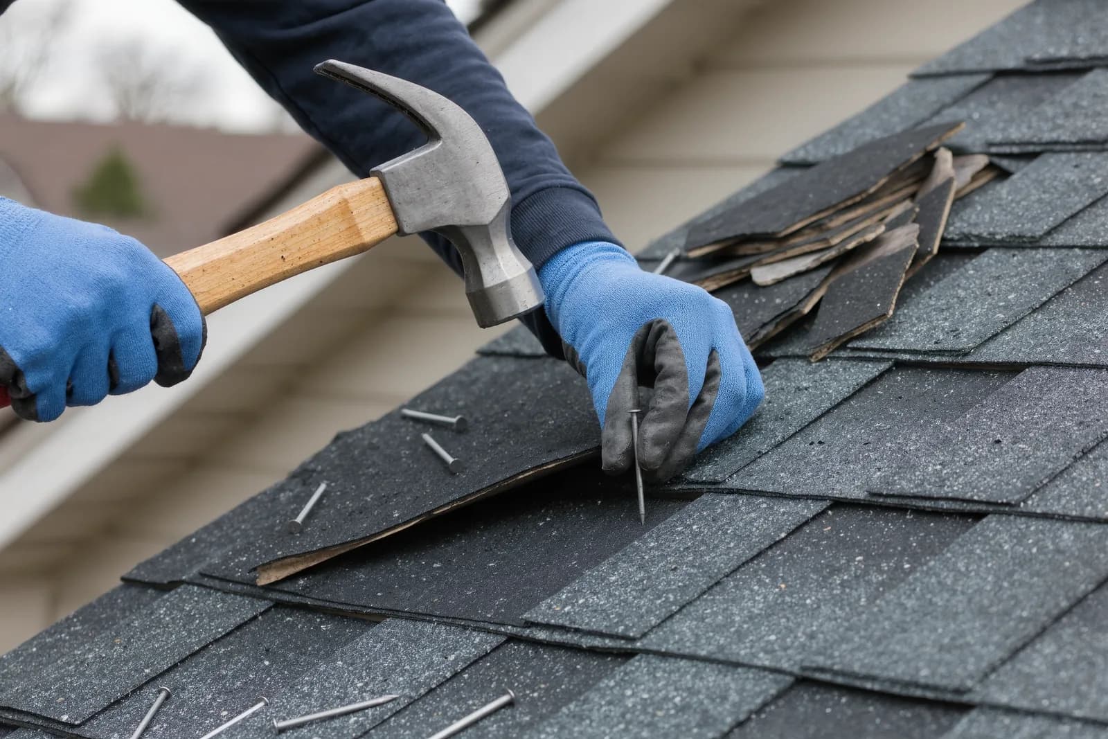 Roofer replacing a cracked and missing asphalt shingle on a residential roof in Maryland