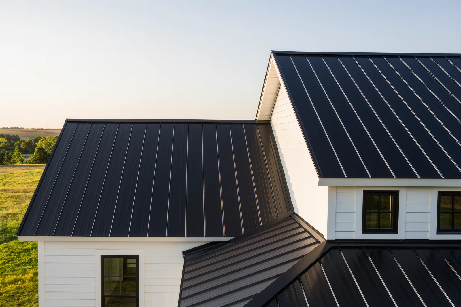 Charcoal standing seam metal roof on a modern farmhouse-style home in the Maryland countryside