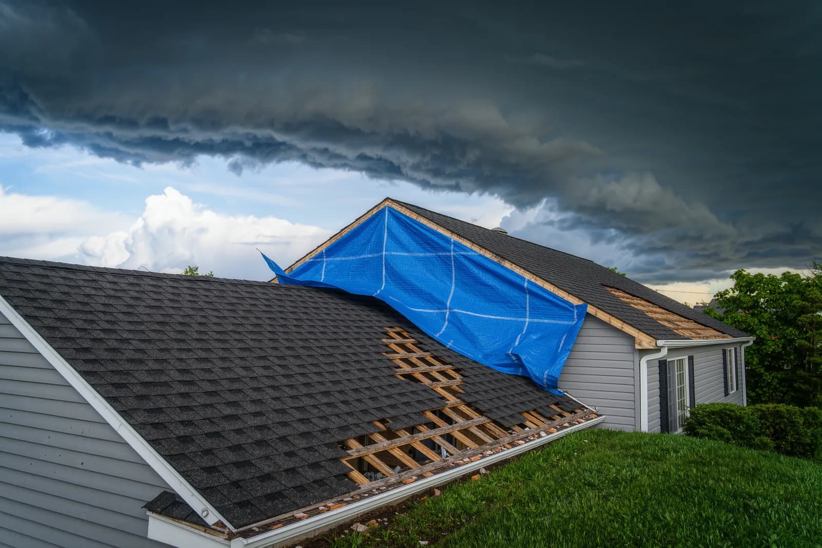 Residential shingle roof with wind and hail storm damage, missing shingles, and an emergency tarp