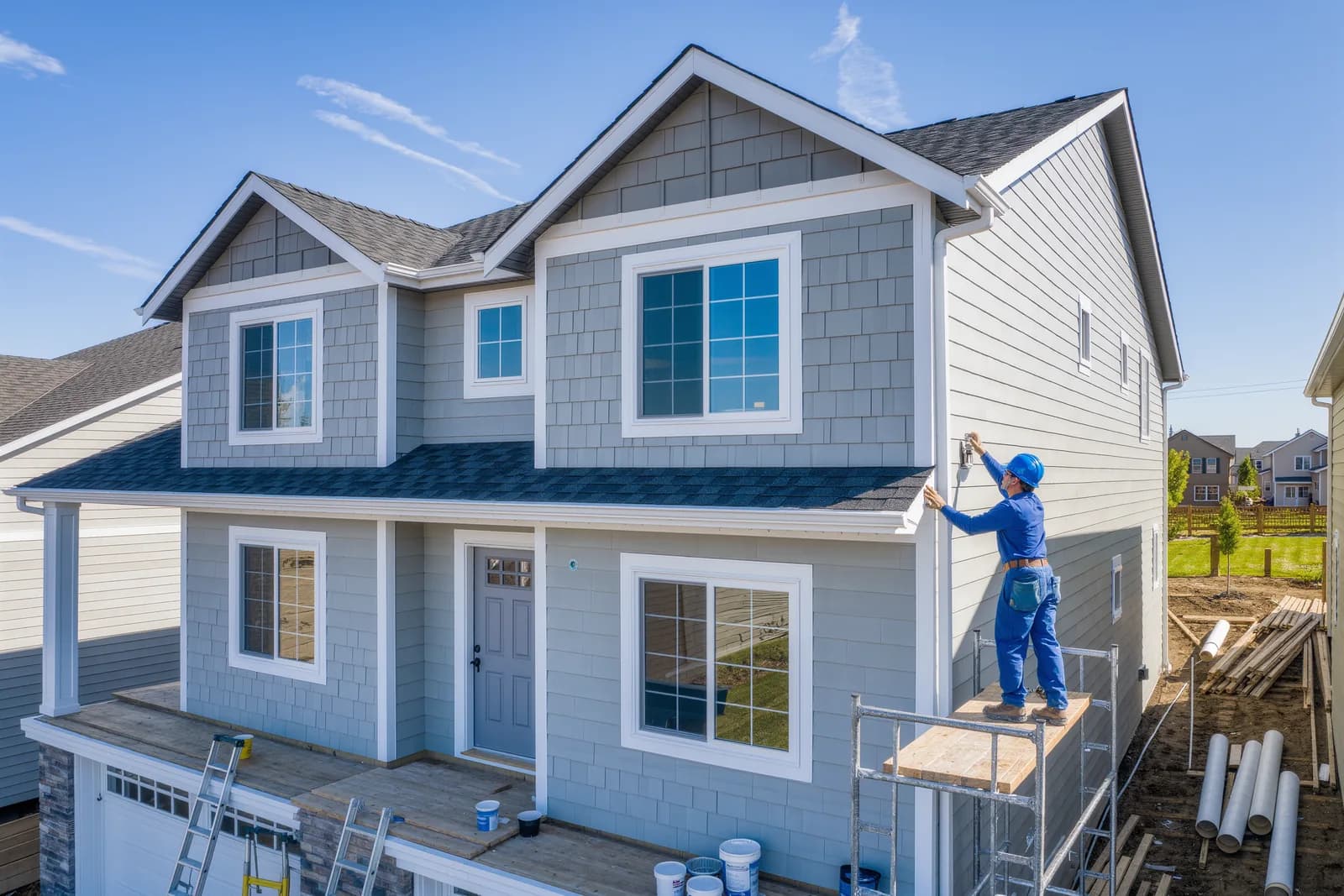 New light gray vinyl siding being installed on a two-story suburban Maryland home