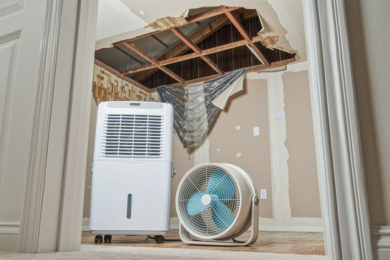 Water-damaged ceiling below a roof leak with restoration dehumidifier and air mover fans drying the room